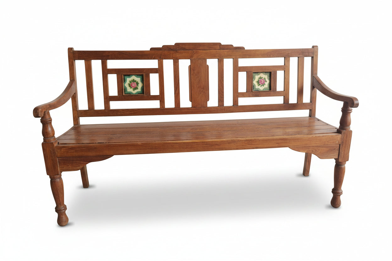 Vintage Indian Carved Wood Bench | Antique Solid Wood Seating