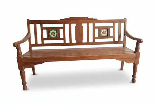 Vintage Indian Carved Wood Bench | Antique Solid Wood Seating