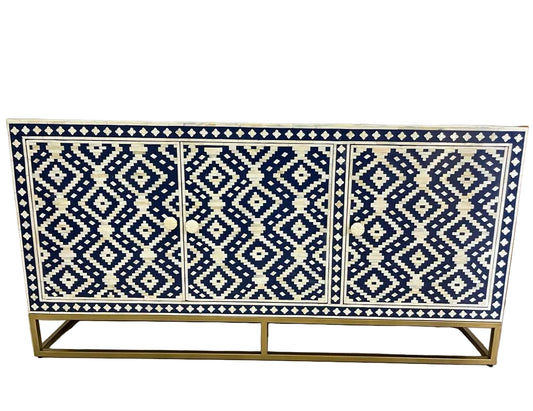 Bone Inlay Sideboard | 3 Doors | Geometric Pattern | Brass Frame | Handcrafted | 60x18x30 inch