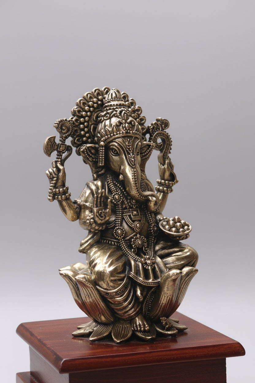 Brass Ganesha Idol on Wood Stand – 20 cm