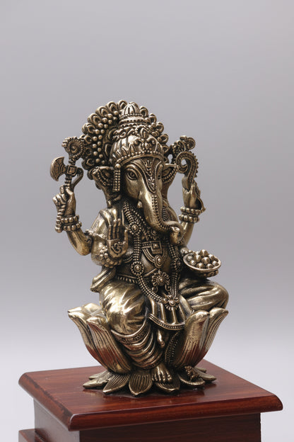 Brass Ganesha Idol on Wood Stand – 20 cm
