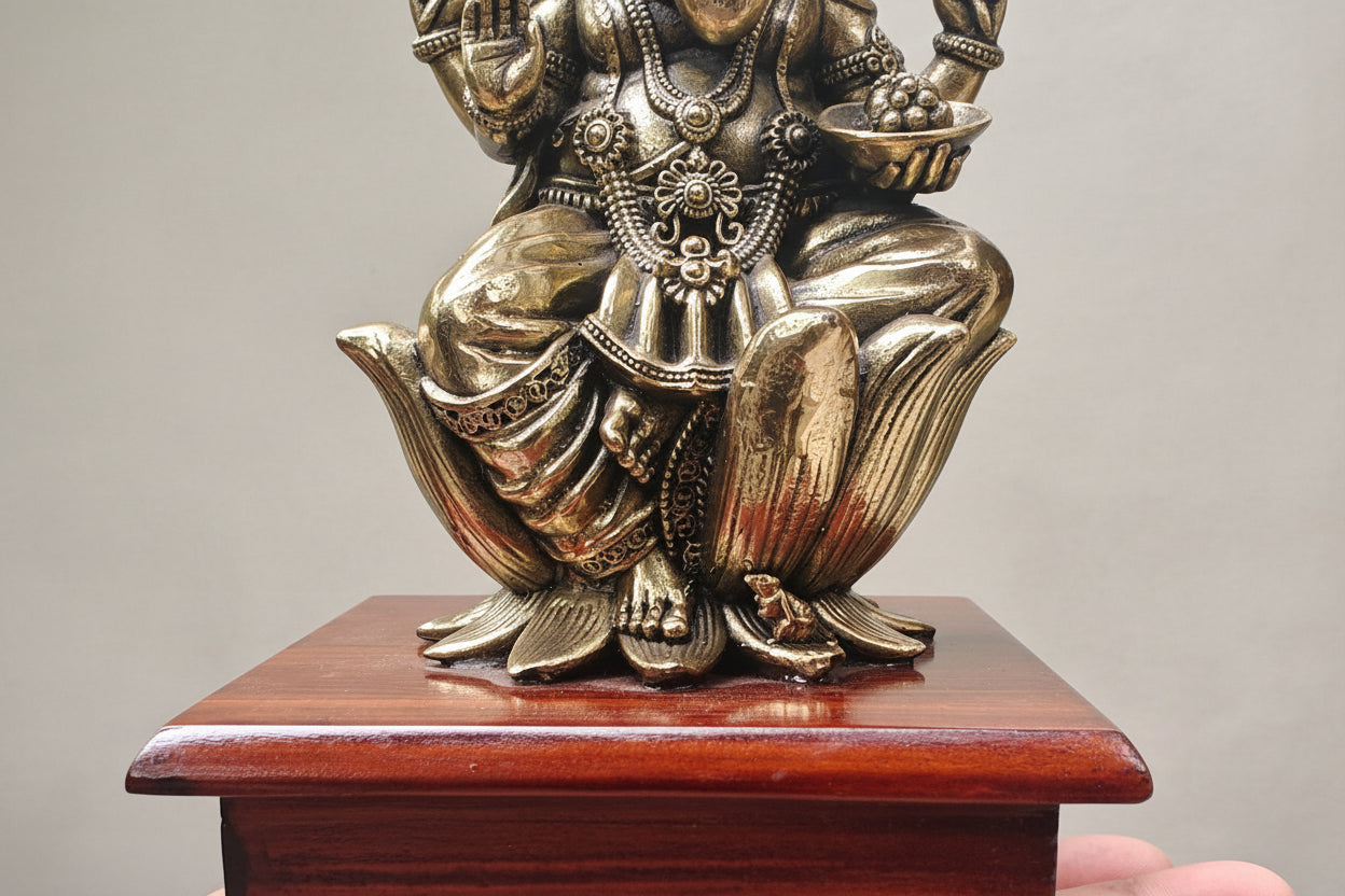 Brass Ganesha Idol on Wood Stand – 20 cm