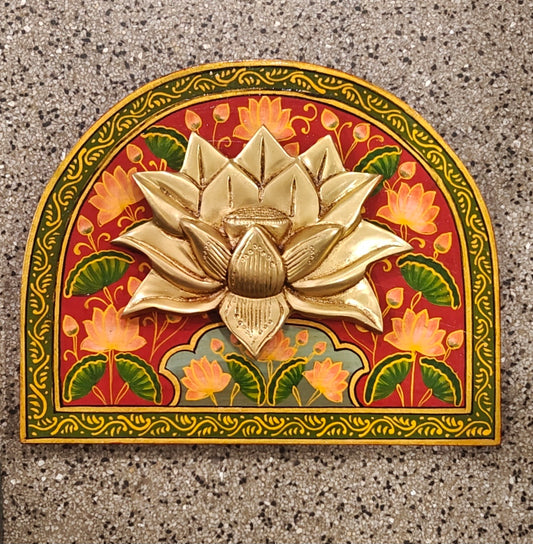 Hand-Painted Arch Wall Panel with Brass Lotus Relief, 9.8 x 7.9 in, Red & Gold Floral Wood Wall Décor