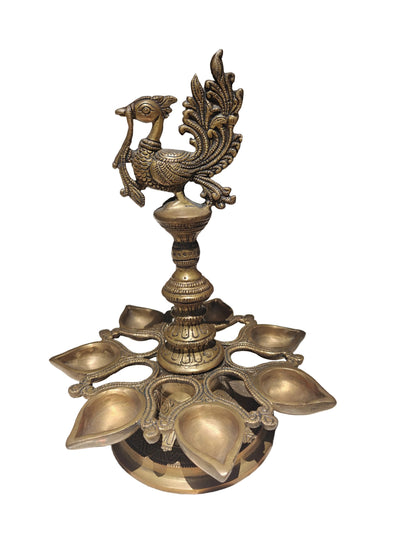 Large Brass Peacock Diya | 8-Wick Ceremonial Oil Lamp | Handcrafted Temple Décor
