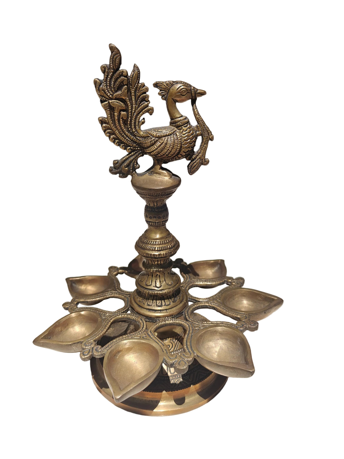 Large Brass Peacock Diya | 8-Wick Ceremonial Oil Lamp | Handcrafted Temple Décor