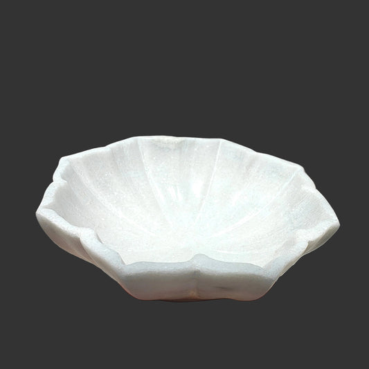 White Marble Flower Bowl | 5.25x5.25x2 inch | Hand-Carved Petal Ridges | Decorative Puja & Offering Bowl
