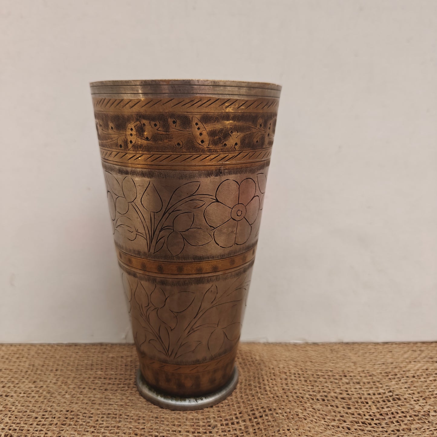 Vintage Brass Lassi Glass | Hand-Engraved Floral Motifs | Antique Indian Brassware | 3.5x3.5x6.75 inch