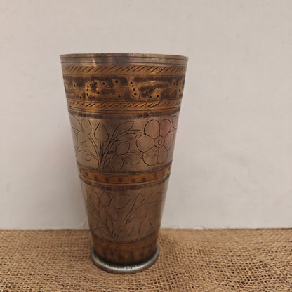 Vintage Brass Lassi Glass | Hand-Engraved Floral Motifs | Antique Indian Brassware | 3.5x3.5x6.75 inch