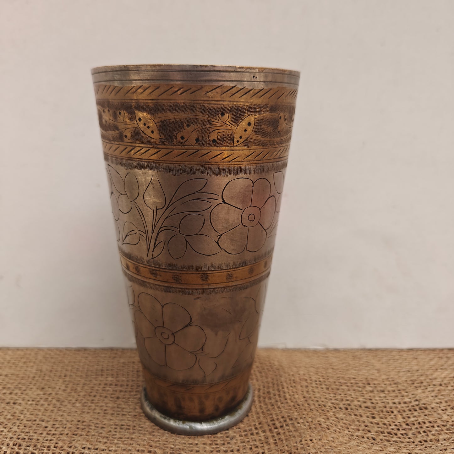 Vintage Brass Lassi Glass | Hand-Engraved Floral Motifs | Antique Indian Brassware | 3.5x3.5x6.75 inch