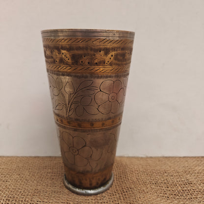 Vintage Brass Lassi Glass | Hand-Engraved Floral Motifs | Antique Indian Brassware | 3.5x3.5x6.75 inch