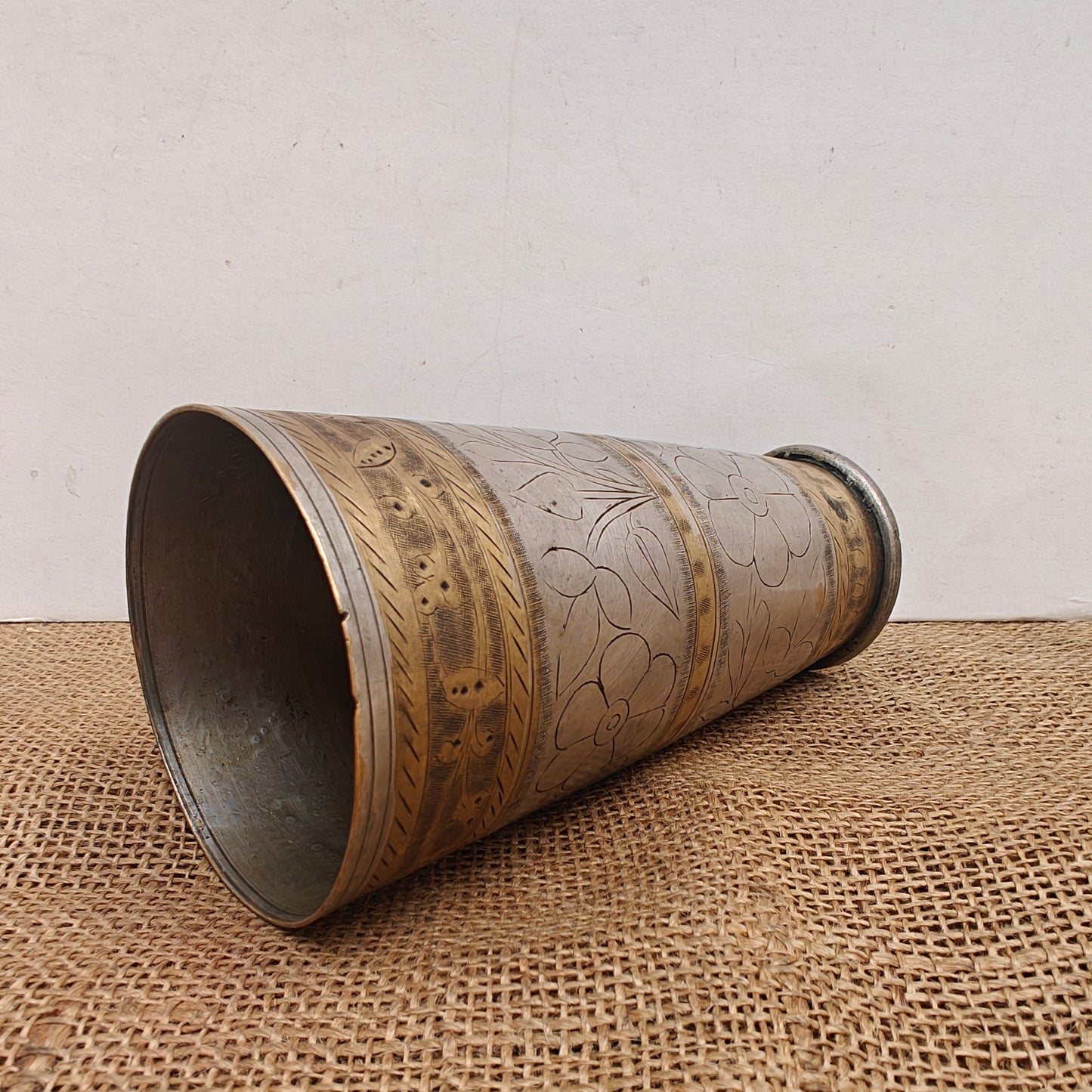 Vintage Brass Lassi Glass | Hand-Engraved Floral Motifs | Antique Indian Brassware | 3.5x3.5x6.75 inch