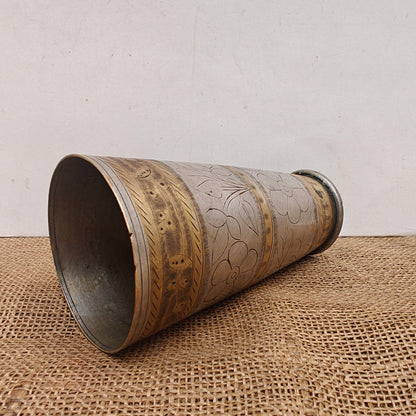 Vintage Brass Lassi Glass | Hand-Engraved Floral Motifs | Antique Indian Brassware | 3.5x3.5x6.75 inch