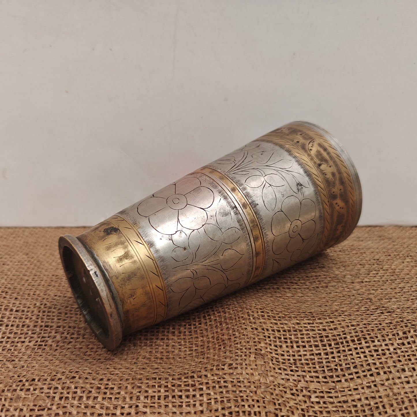 Vintage Brass Lassi Glass | Hand-Engraved Floral Motifs | Antique Indian Brassware | 3.5x3.5x6.75 inch