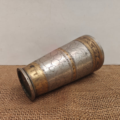 Vintage Brass Lassi Glass | Hand-Engraved Floral Motifs | Antique Indian Brassware | 3.5x3.5x6.75 inch