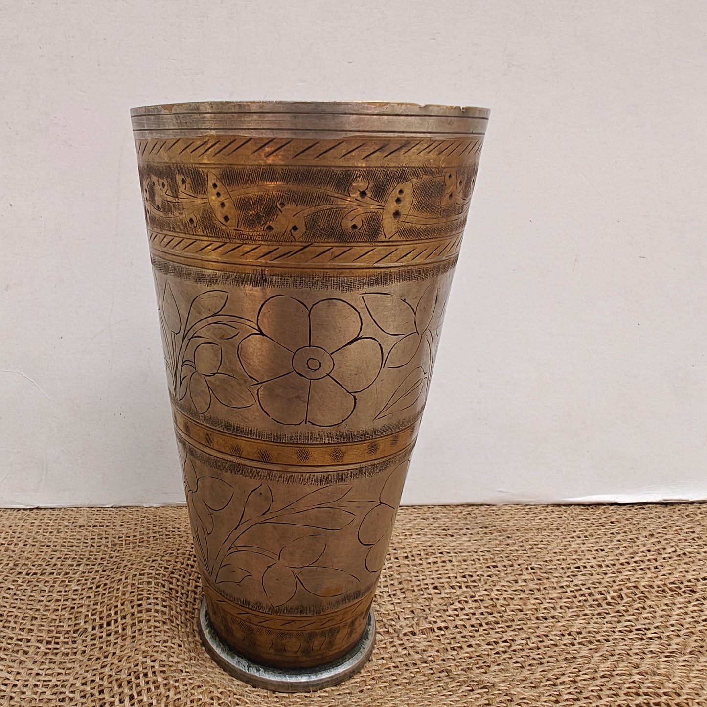 Vintage Brass Lassi Glass | Hand-Engraved Floral Motifs | Antique Indian Brassware | 3.5x3.5x6.75 inch