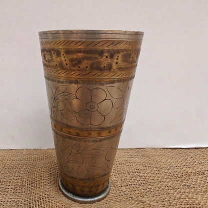 Vintage Brass Lassi Glass | Hand-Engraved Floral Motifs | Antique Indian Brassware | 3.5x3.5x6.75 inch