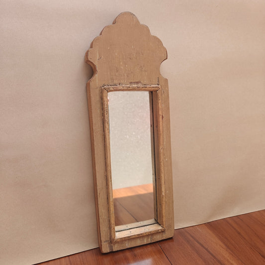 Vintage Beige Jharokha Wooden Wall Mirror | Moroccan Style Distressed Frame | Gujarat & Rajasthan