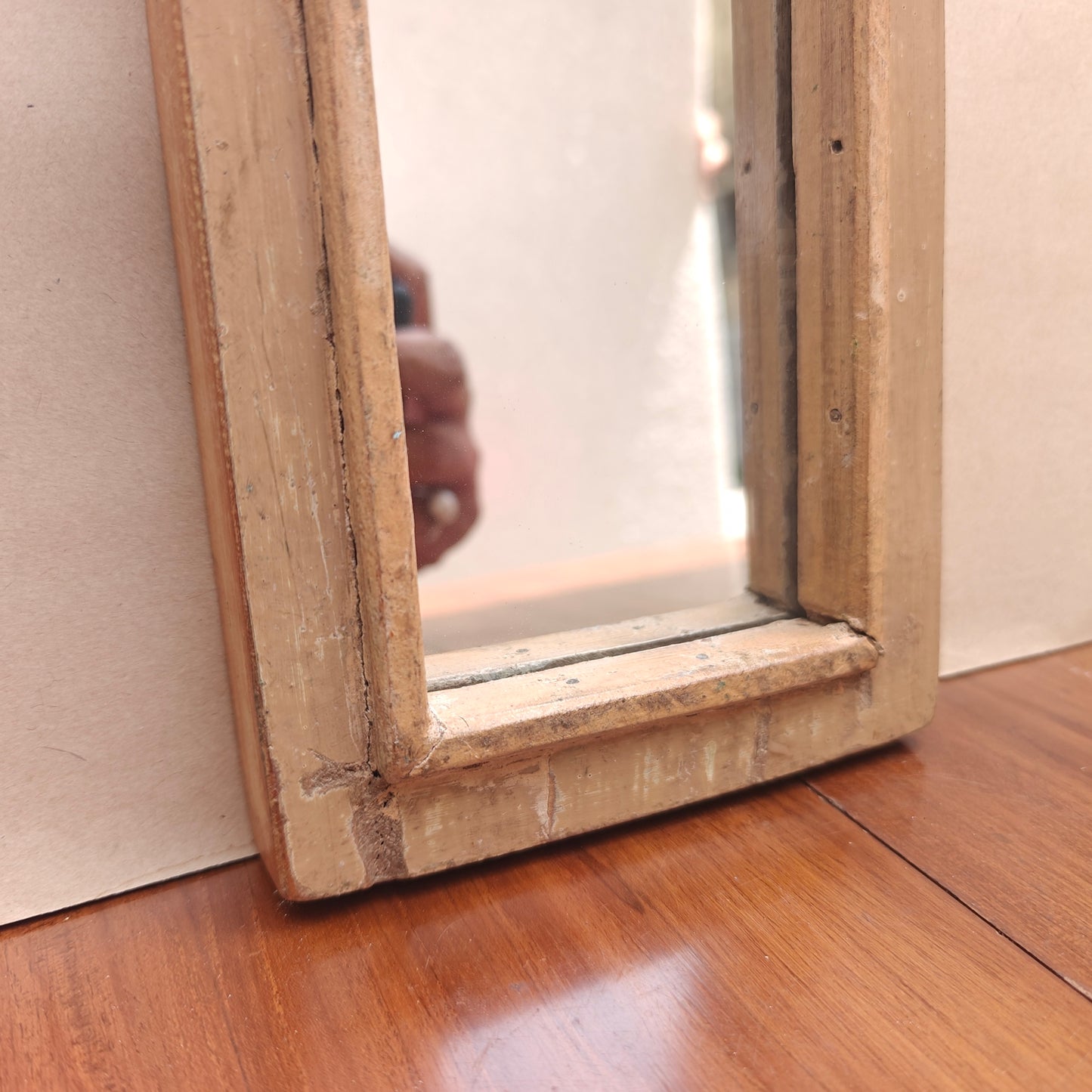 Vintage Beige Jharokha Wooden Wall Mirror | Moroccan Style Distressed Frame | Gujarat & Rajasthan