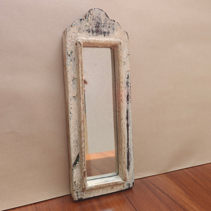 Vintage White Jharokha Wooden Wall Mirror | Moroccan Style Distressed Frame | Gujarat & Rajasthan