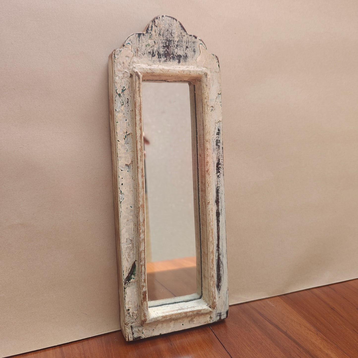 Vintage White Jharokha Wooden Wall Mirror | Moroccan Style Distressed Frame | Gujarat & Rajasthan