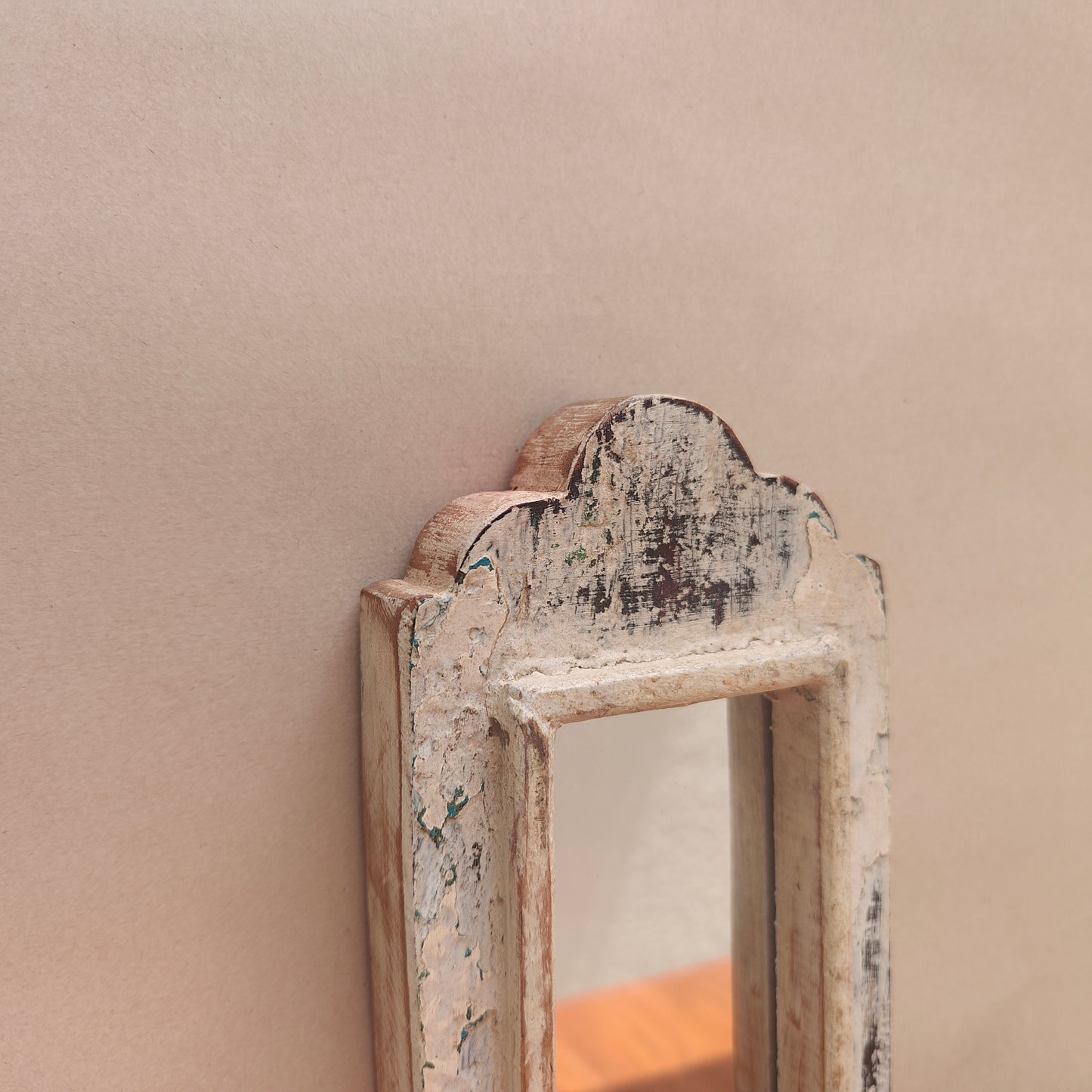 Vintage White Jharokha Wooden Wall Mirror | Moroccan Style Distressed Frame | Gujarat & Rajasthan