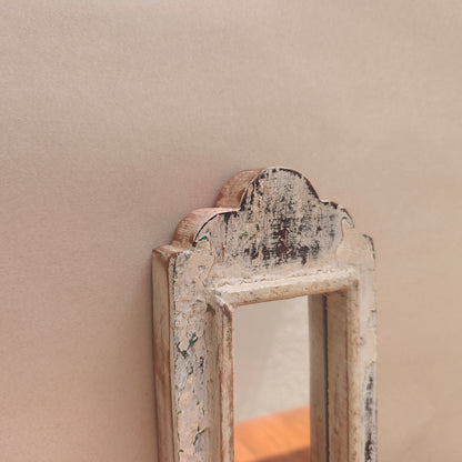 Vintage White Jharokha Wooden Wall Mirror | Moroccan Style Distressed Frame | Gujarat & Rajasthan