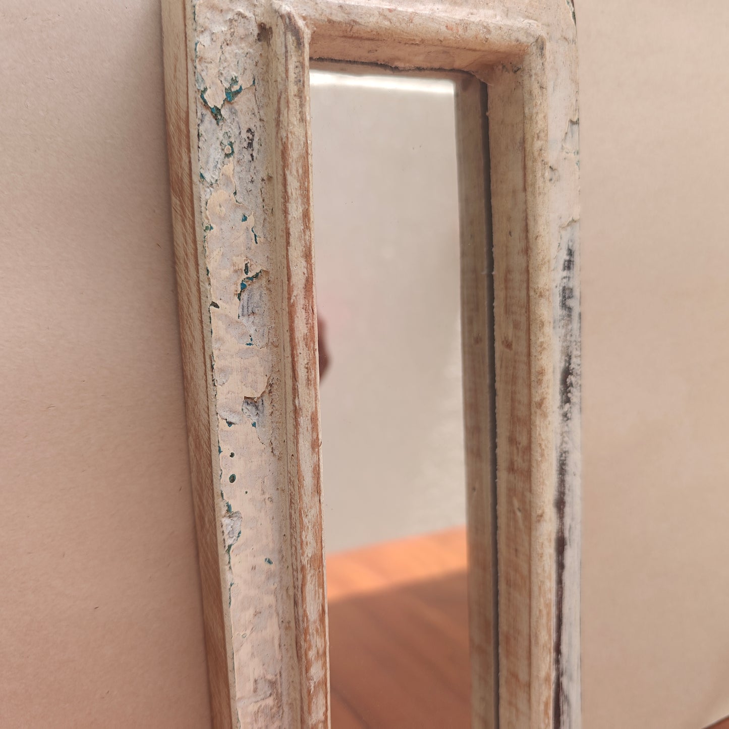 Vintage White Jharokha Wooden Wall Mirror | Moroccan Style Distressed Frame | Gujarat & Rajasthan