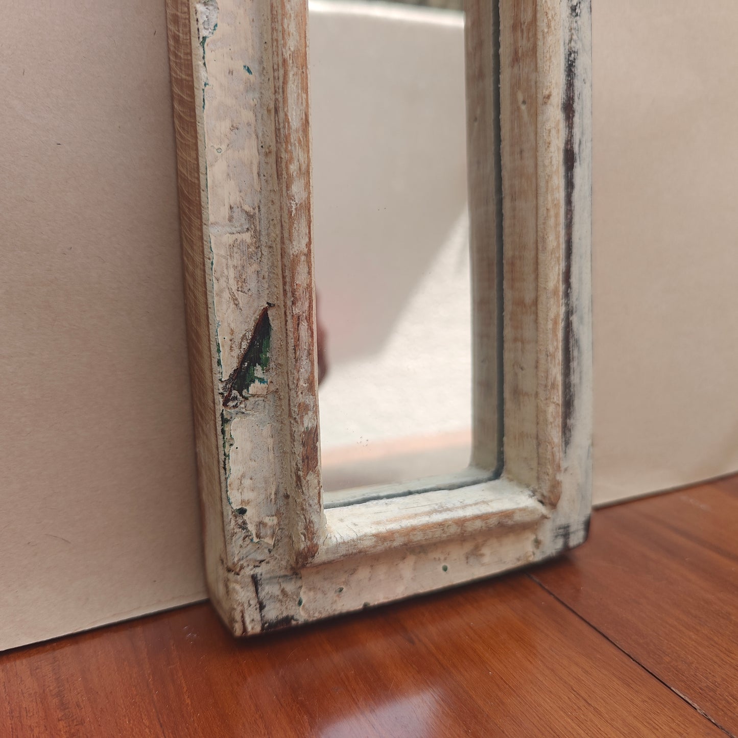 Vintage White Jharokha Wooden Wall Mirror | Moroccan Style Distressed Frame | Gujarat & Rajasthan