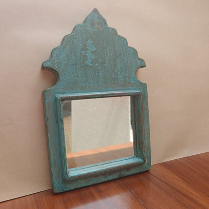 Vintage Blue Jharokha Wooden Wall Mirror | Moroccan Style Distressed Frame | Gujarat & Rajasthan