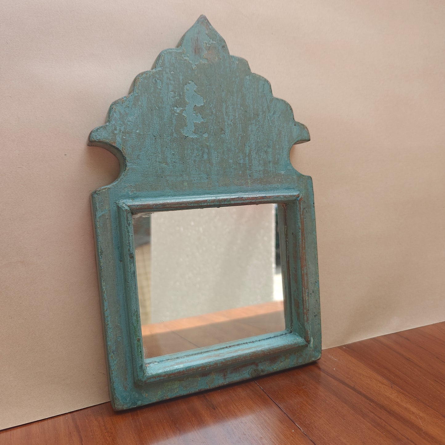 Vintage Blue Jharokha Wooden Wall Mirror | Moroccan Style Distressed Frame | Gujarat & Rajasthan