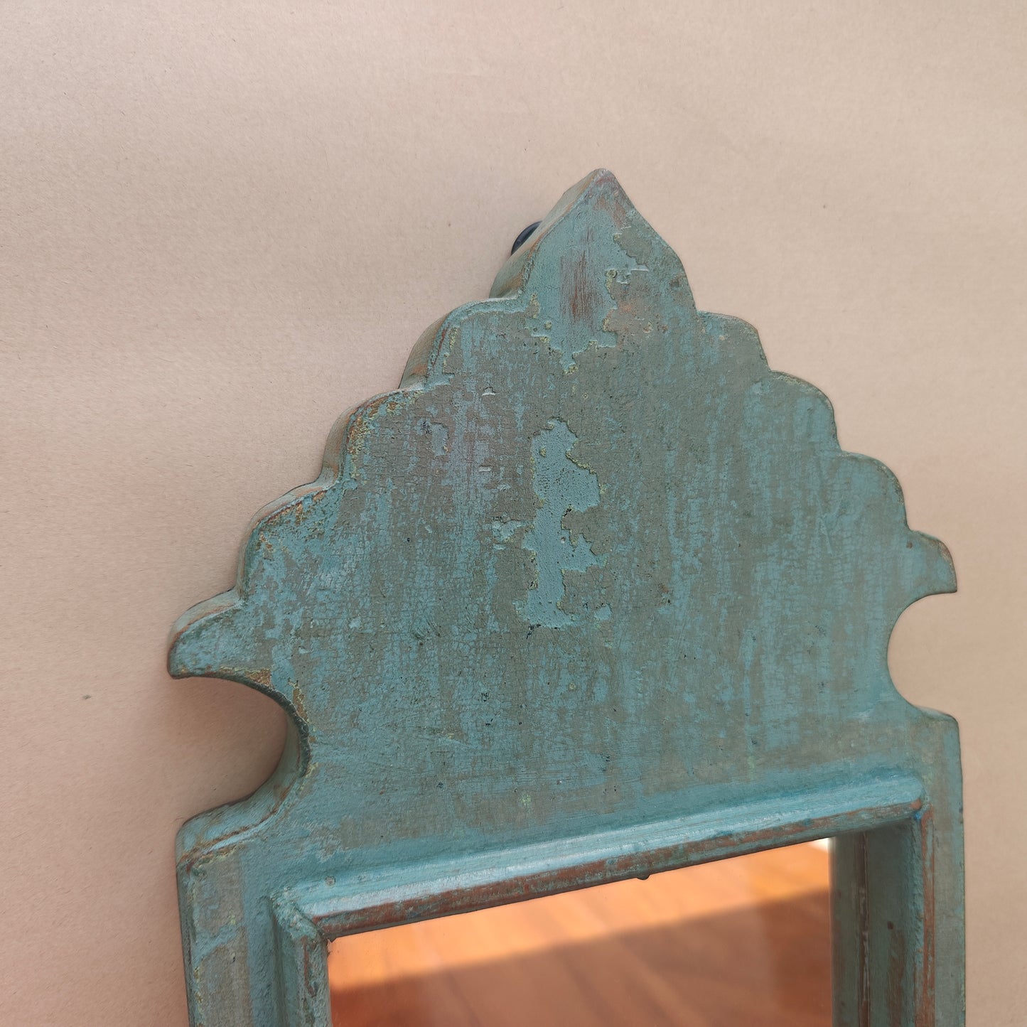 Vintage Blue Jharokha Wooden Wall Mirror | Moroccan Style Distressed Frame | Gujarat & Rajasthan