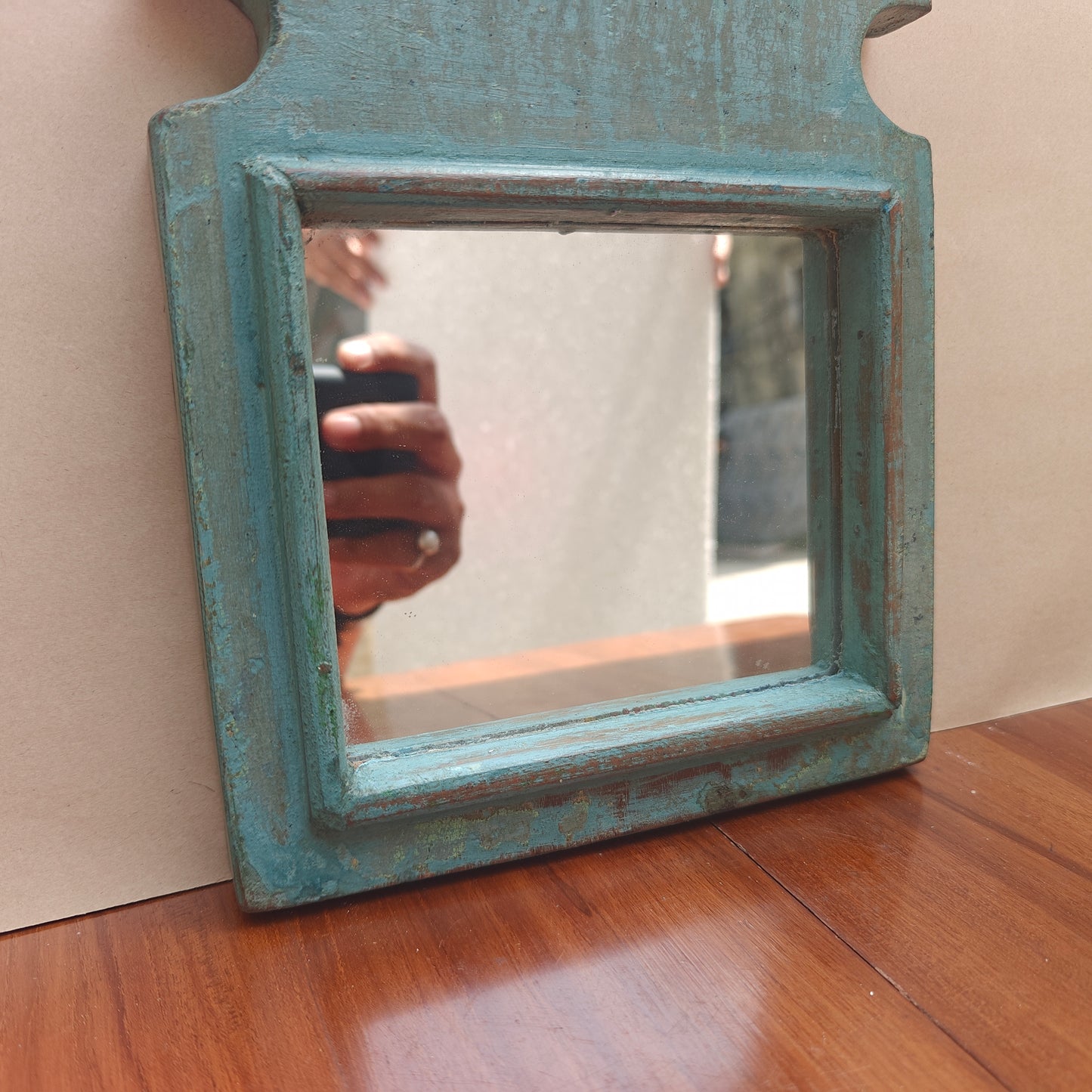 Vintage Blue Jharokha Wooden Wall Mirror | Moroccan Style Distressed Frame | Gujarat & Rajasthan