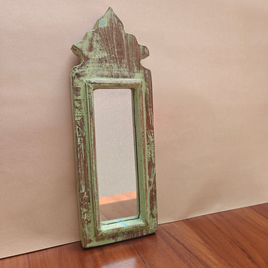 Vintage Light Jharokha Green Wooden Wall Mirror | Moroccan Style Distressed Frame | Small