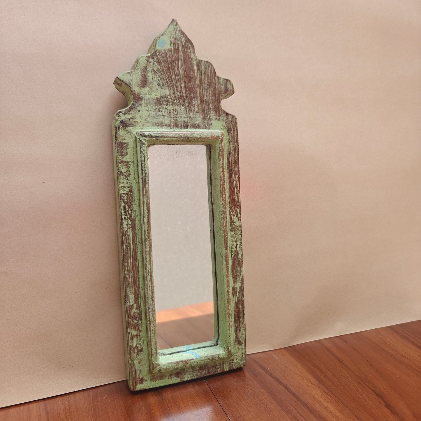Vintage Light Jharokha Green Wooden Wall Mirror | Moroccan Style Distressed Frame | Small