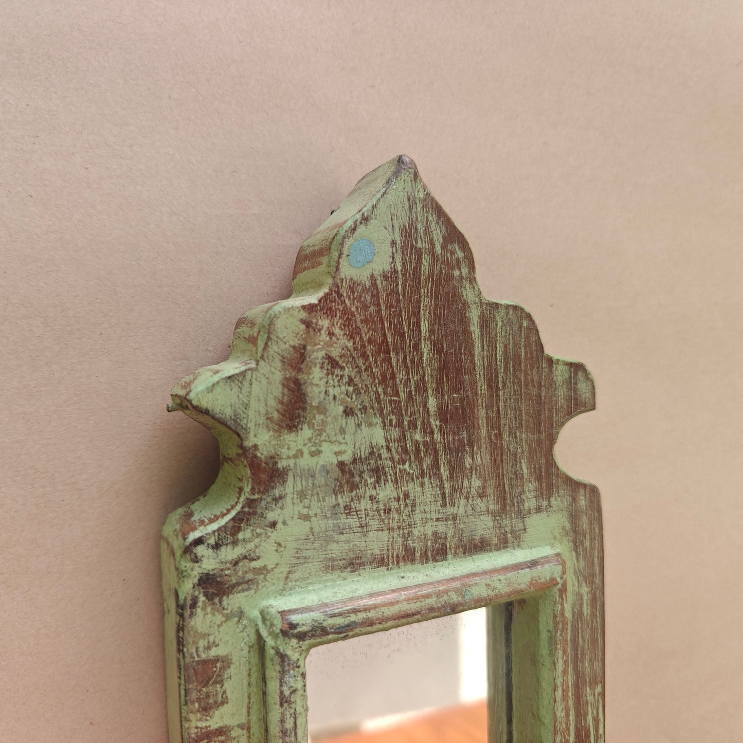 Vintage Light Jharokha Green Wooden Wall Mirror | Moroccan Style Distressed Frame | Small