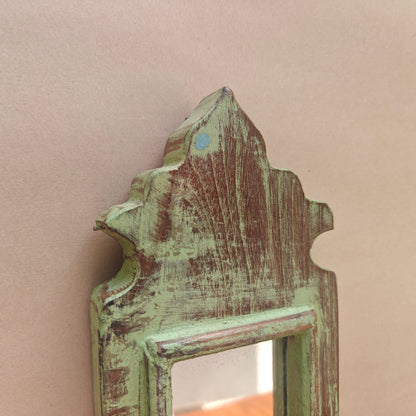 Vintage Light Jharokha Green Wooden Wall Mirror | Moroccan Style Distressed Frame | Small
