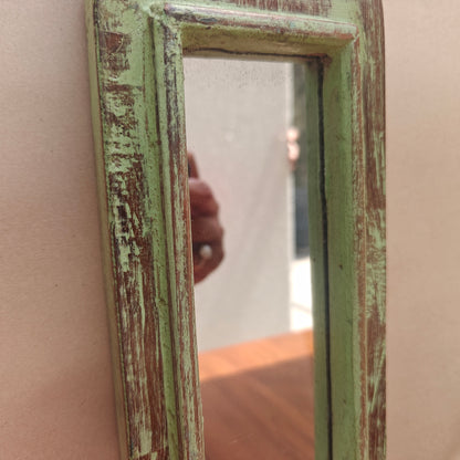 Vintage Light Jharokha Green Wooden Wall Mirror | Moroccan Style Distressed Frame | Small