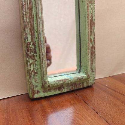 Vintage Light Jharokha Green Wooden Wall Mirror | Moroccan Style Distressed Frame | Small