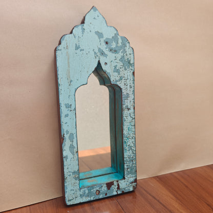 Vintage Blue Jharokha Wooden Wall Mirror | Moroccan Style Distressed Frame