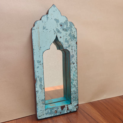 Vintage Blue Jharokha Wooden Wall Mirror | Moroccan Style Distressed Frame