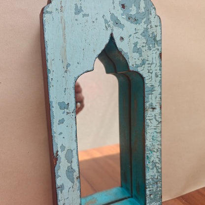 Vintage Blue Jharokha Wooden Wall Mirror | Moroccan Style Distressed Frame