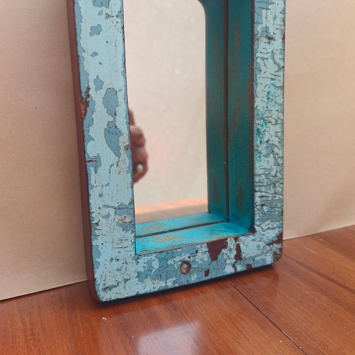 Vintage Blue Jharokha Wooden Wall Mirror | Moroccan Style Distressed Frame