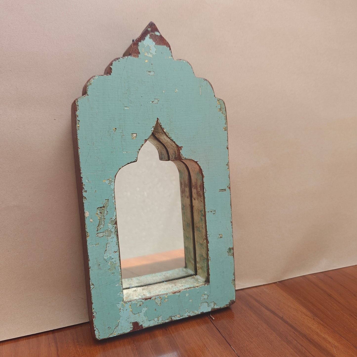 Vintage Blue Jharokha Wooden Wall Mirror | Moroccan Style Distressed Frame | Small