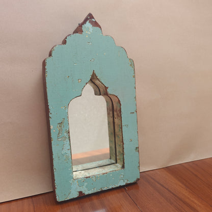Vintage Blue Jharokha Wooden Wall Mirror | Moroccan Style Distressed Frame | Small