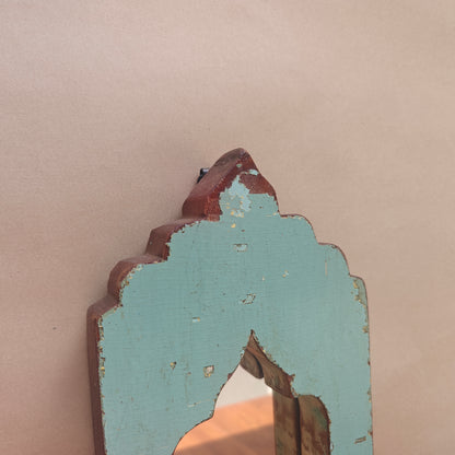 Vintage Blue Jharokha Wooden Wall Mirror | Moroccan Style Distressed Frame | Small
