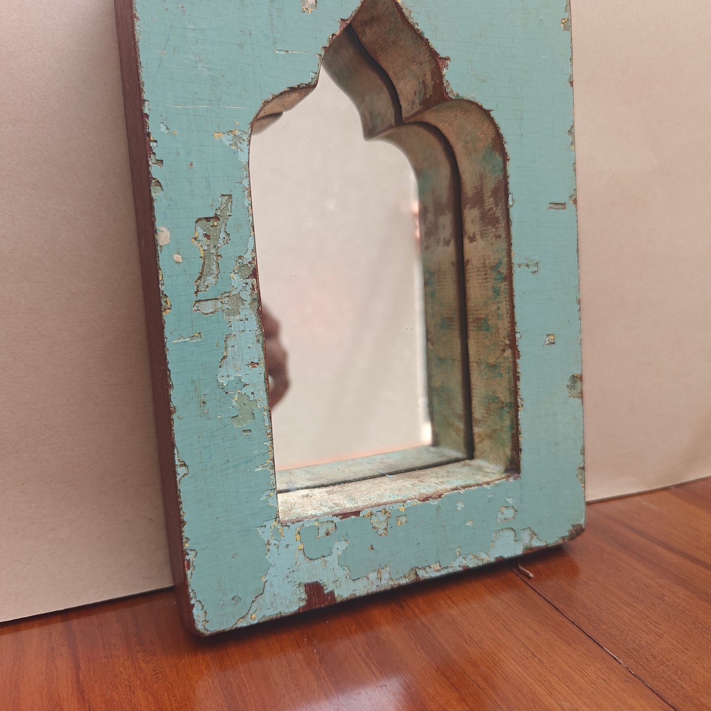 Vintage Blue Jharokha Wooden Wall Mirror | Moroccan Style Distressed Frame | Small