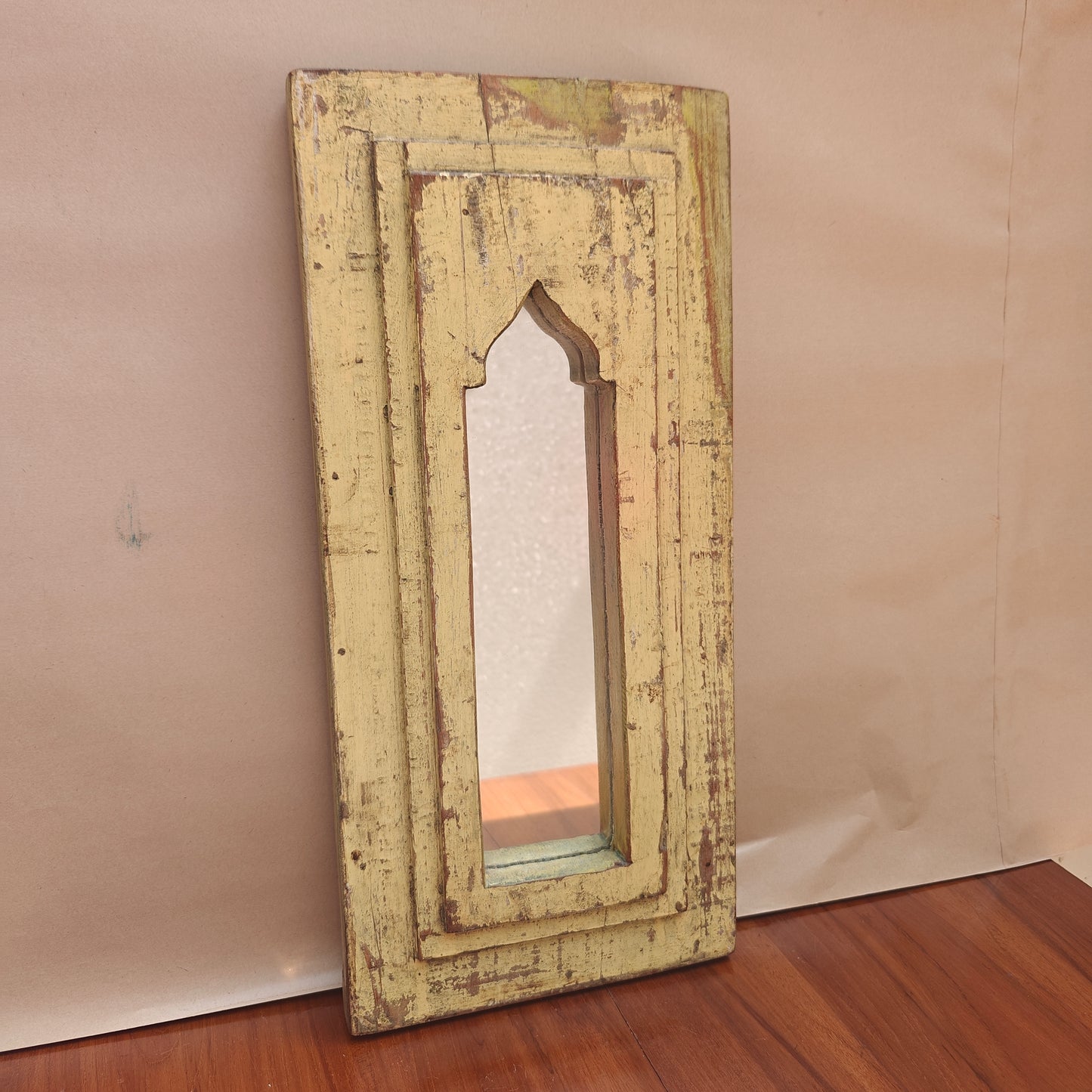 Jharokha Mirror Frame Distressed Pale Yellow Narrow Arch 43x20 cm