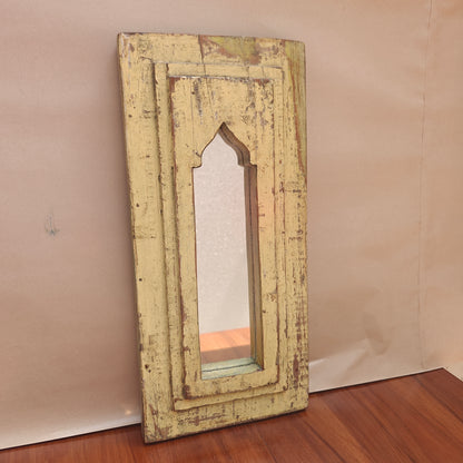 Jharokha Mirror Frame Distressed Pale Yellow Narrow Arch 43x20 cm
