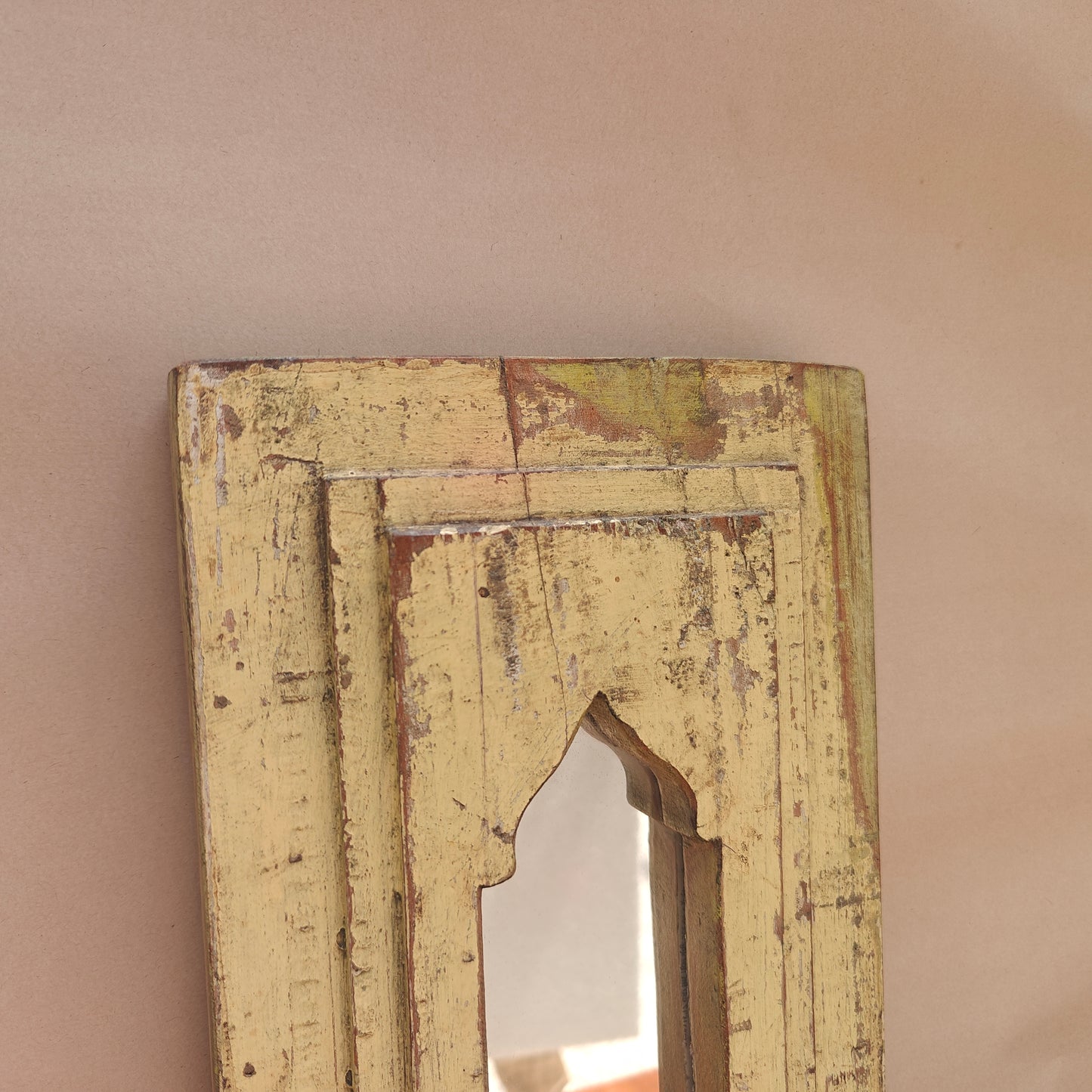 Jharokha Mirror Frame Distressed Pale Yellow Narrow Arch 43x20 cm