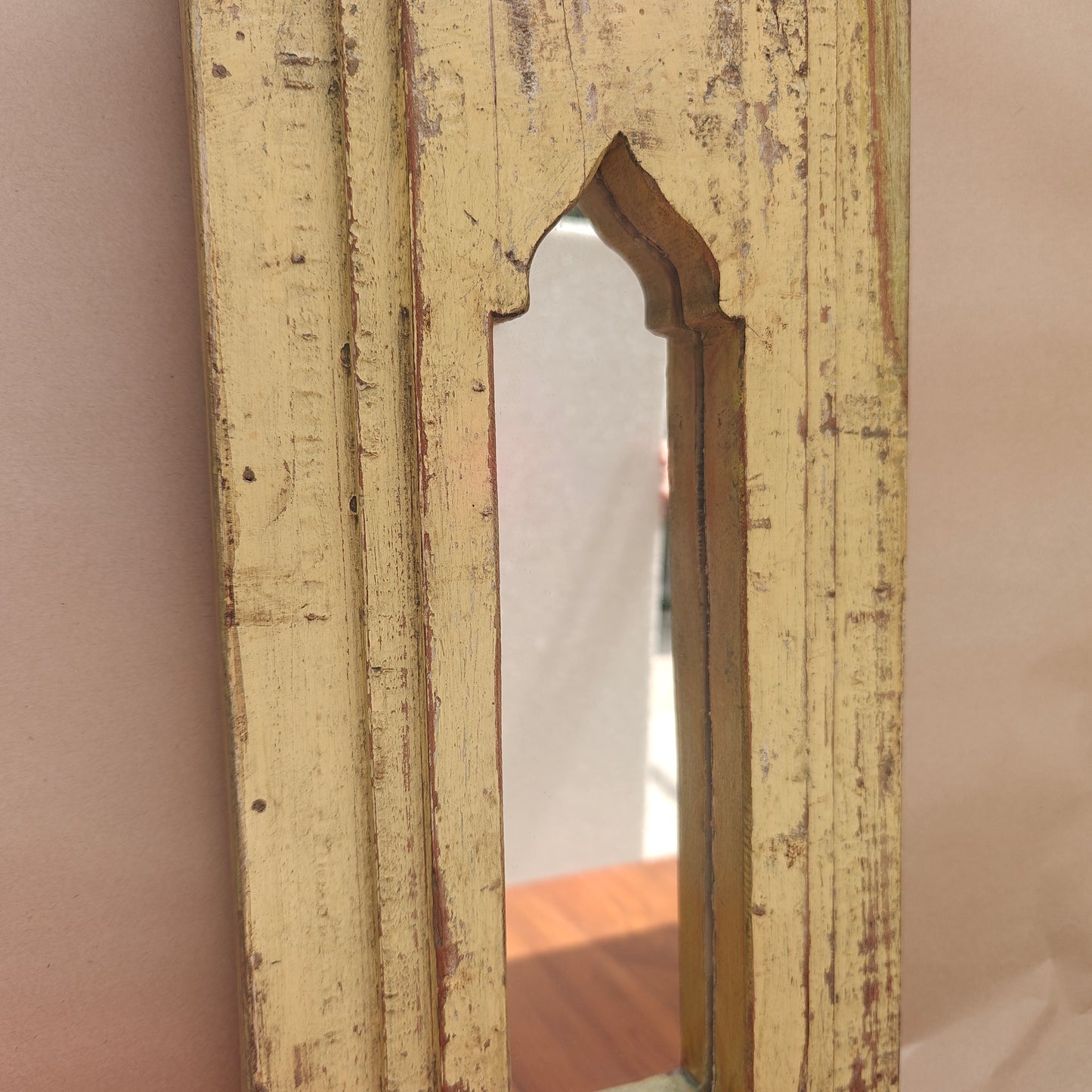 Jharokha Mirror Frame Distressed Pale Yellow Narrow Arch 43x20 cm